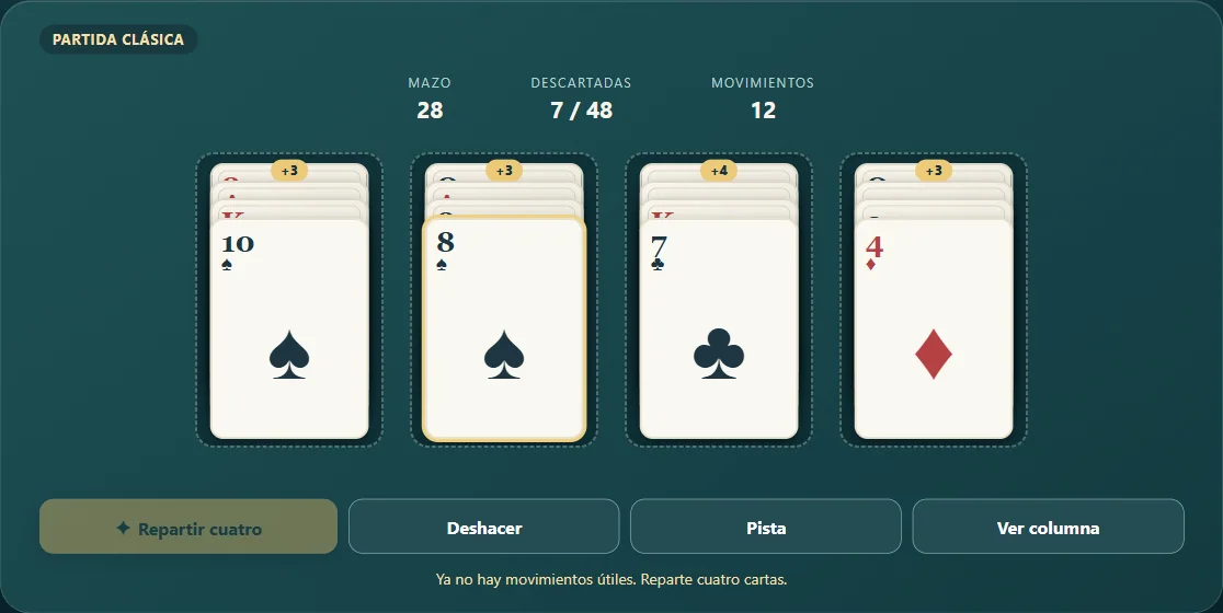 Ases Arriba con cuatro columnas, cartas superiores y contador de descartes. Escena 1.
