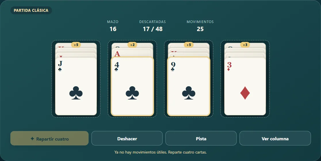 Ases Arriba con cuatro columnas, cartas superiores y contador de descartes. Escena 2.