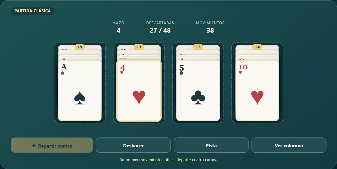 Ases Arriba con cuatro columnas, cartas superiores y contador de descartes. Escena 3.