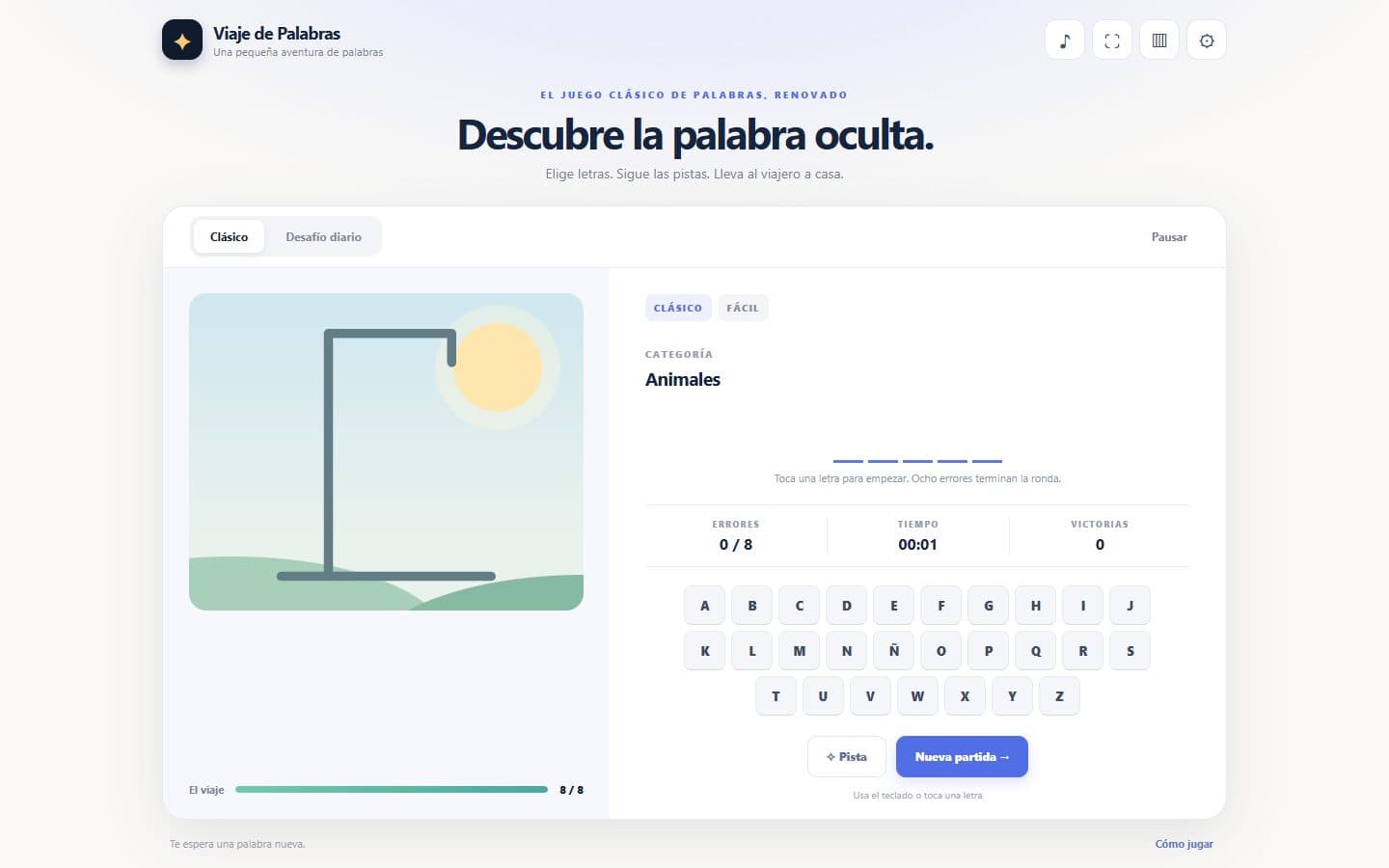 Panel de letras de Ahorcado: Viaje de Palabras