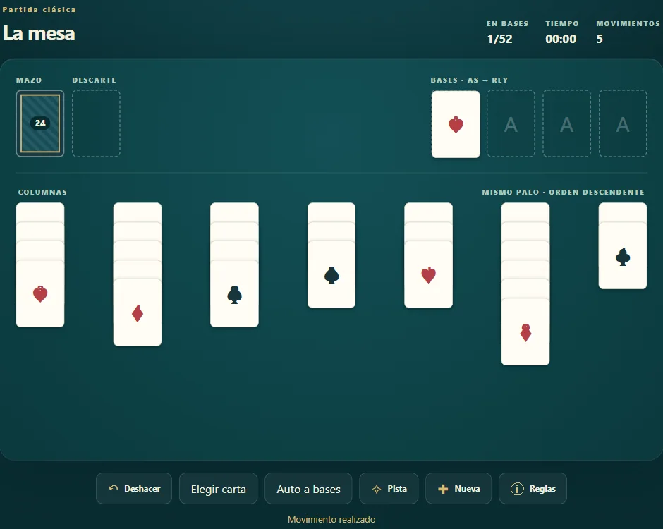 Tablero de Solitario Australiano, posición 1 de una partida real con cartas repartidas y cimientos visibles.