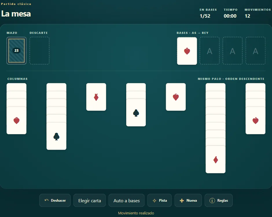 Tablero de Solitario Australiano, posición 2 de una partida real con cartas repartidas y cimientos visibles.