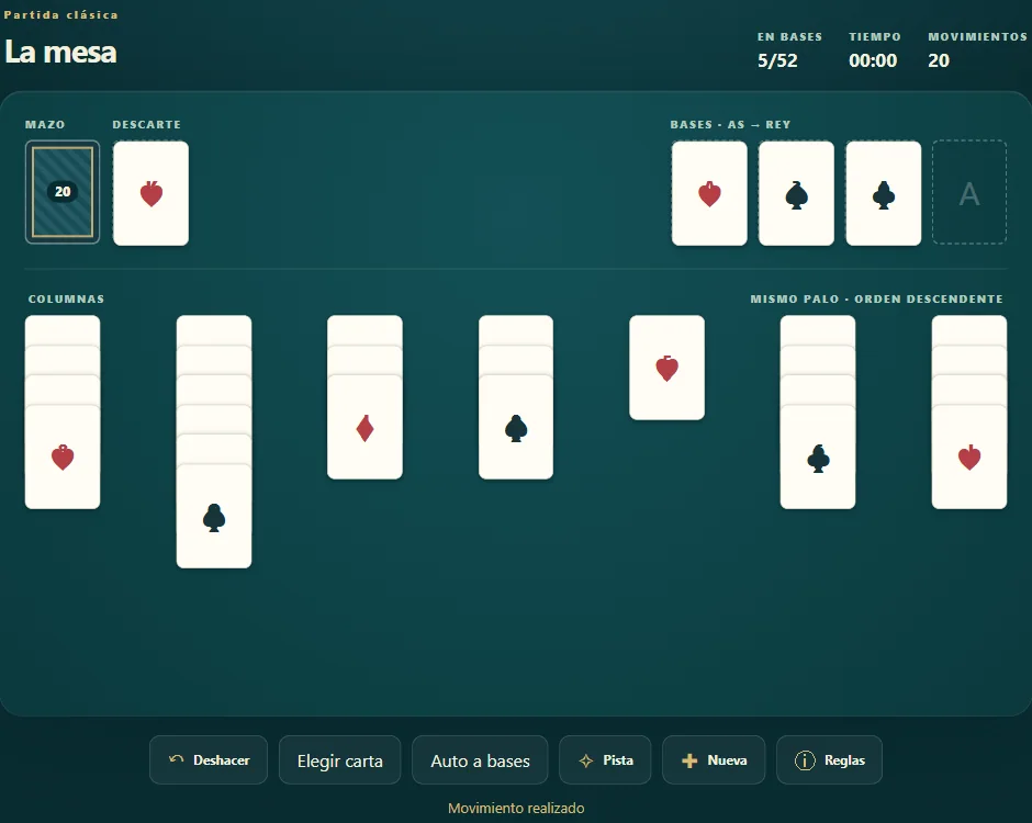Tablero de Solitario Australiano, posición 3 de una partida real con cartas repartidas y cimientos visibles.