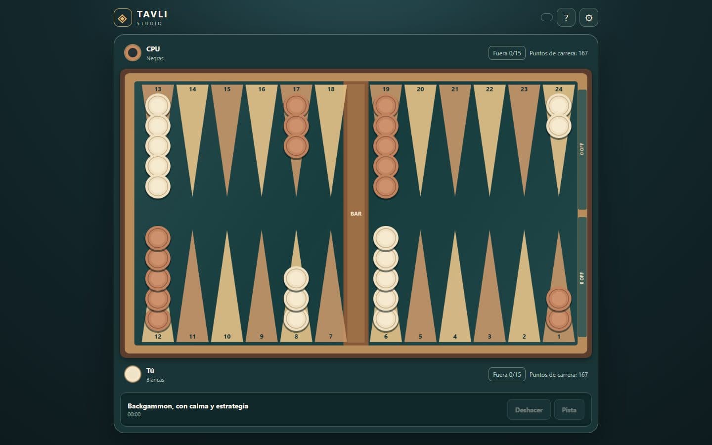 Partida de Backgammon en español con tablero, fichas y dados.