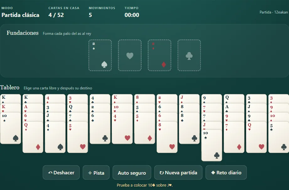 Tablero de Baker’s Dozen, posición 1 de una partida real con cartas repartidas y cimientos visibles.