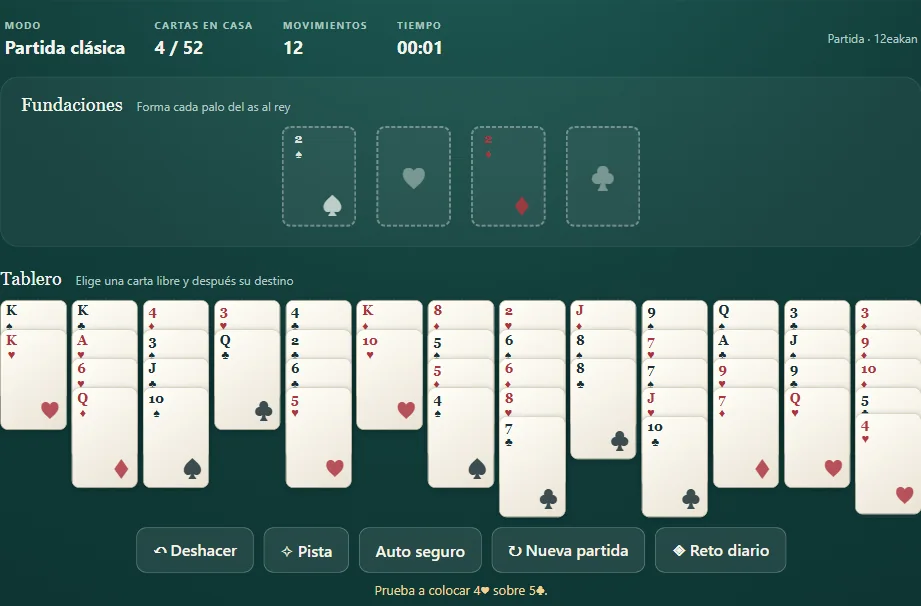 Tablero de Baker’s Dozen, posición 2 de una partida real con cartas repartidas y cimientos visibles.