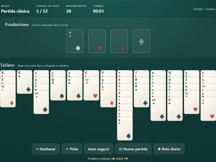 Tablero de Baker’s Dozen, posición 3 de una partida real con cartas repartidas y cimientos visibles.