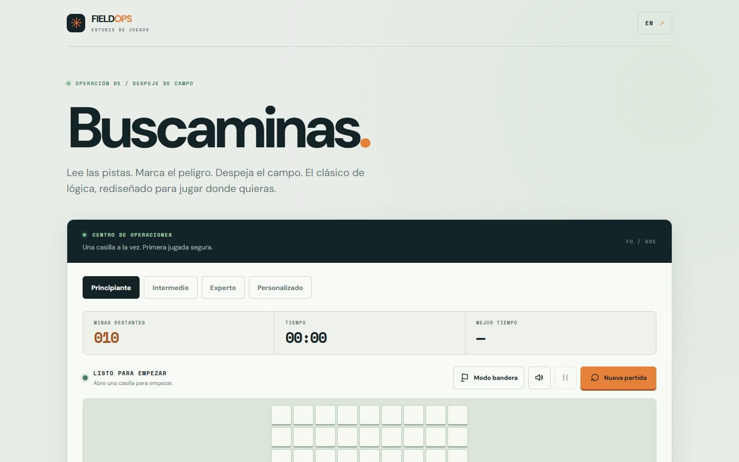 Tablero de Buscaminas Field Ops con casillas y pistas