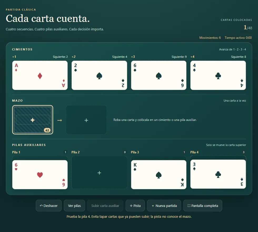 Tablero de Solitario Cálculo, posición 1 de una partida real con cartas repartidas y cimientos visibles.