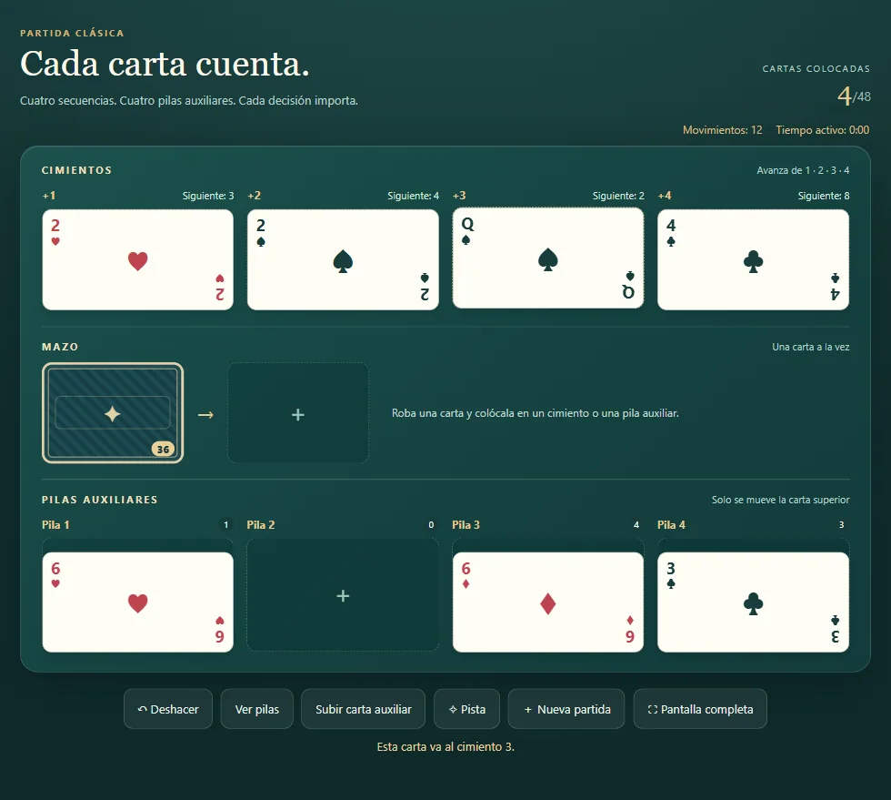 Tablero de Solitario Cálculo, posición 2 de una partida real con cartas repartidas y cimientos visibles.