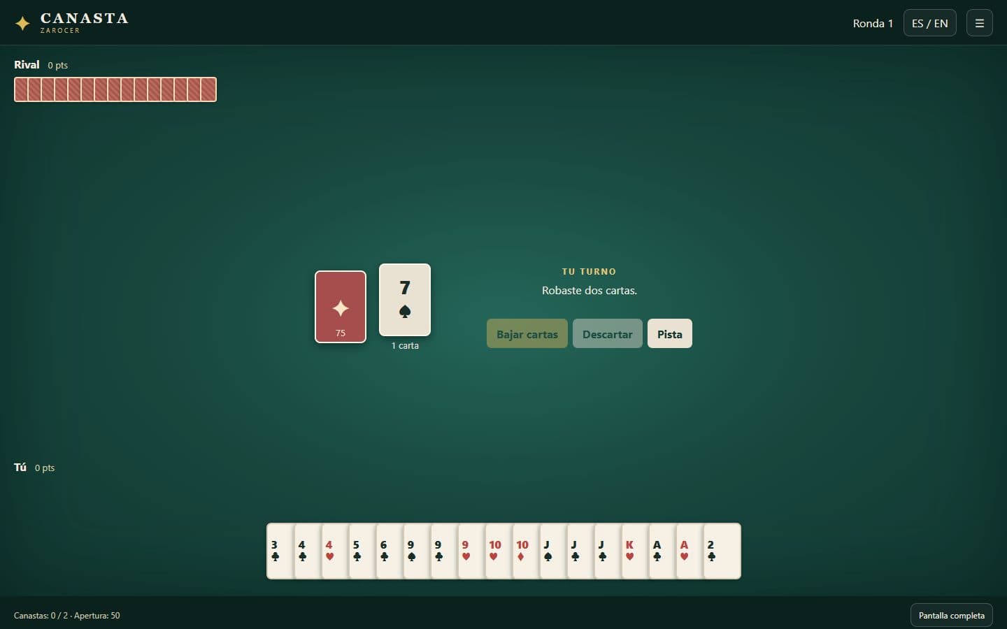 Partida de Canasta después de una jugada.