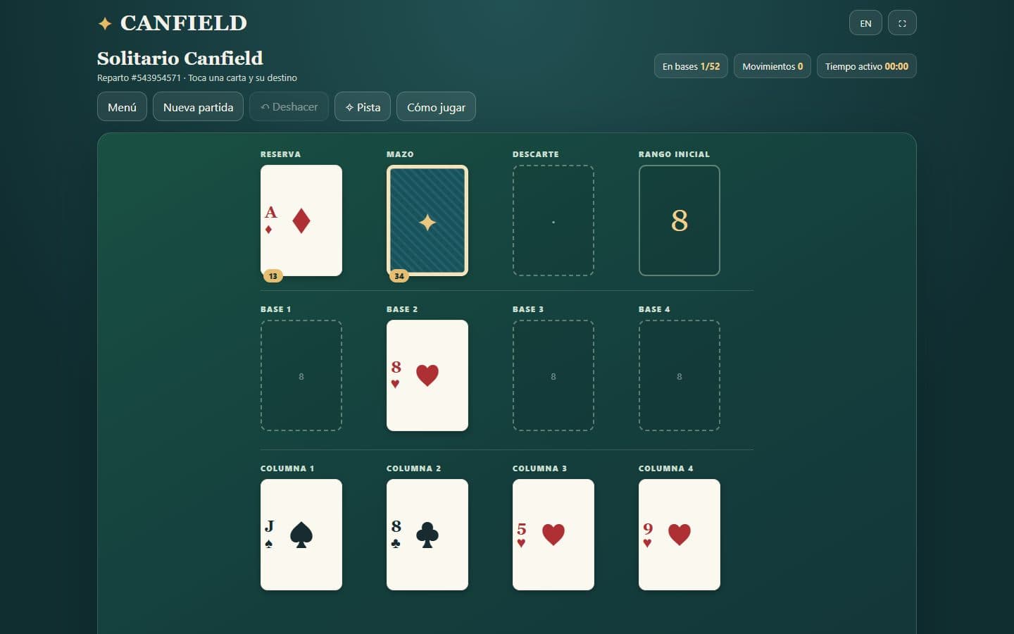 Tablero inicial de Solitario Canfield con las cartas repartidas.