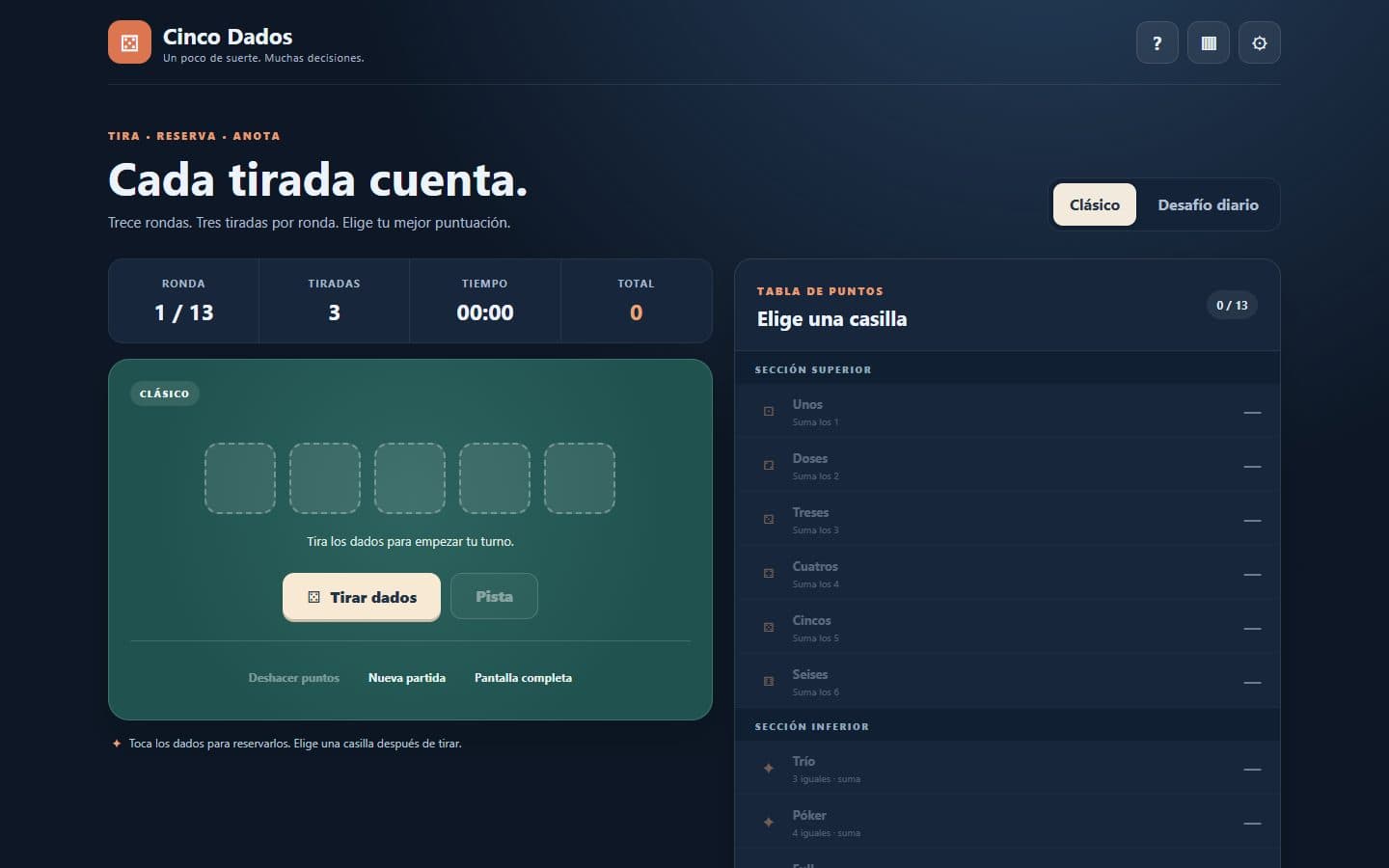 Dados y tabla de puntuación de Cinco Dados con la interfaz en español