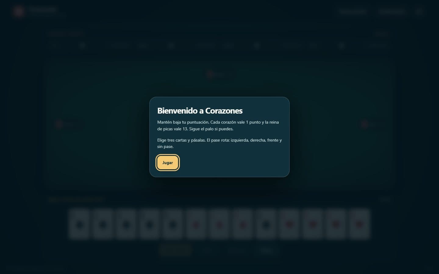 Mesa de cartas de Corazones con la interfaz en español