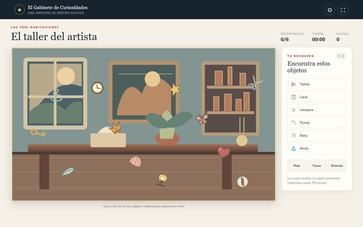 Sala ilustrada de Curiosity Cabinet con la interfaz en español