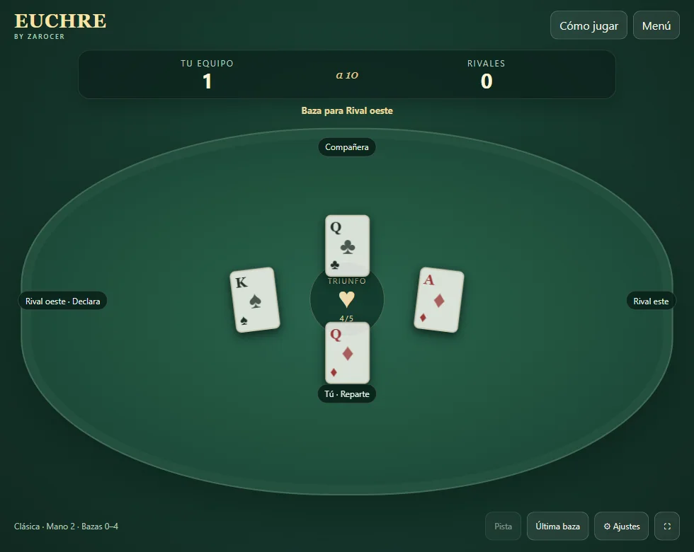 Baza de Euchre con cartas jugadas, triunfo y mano del jugador. Escena 2.