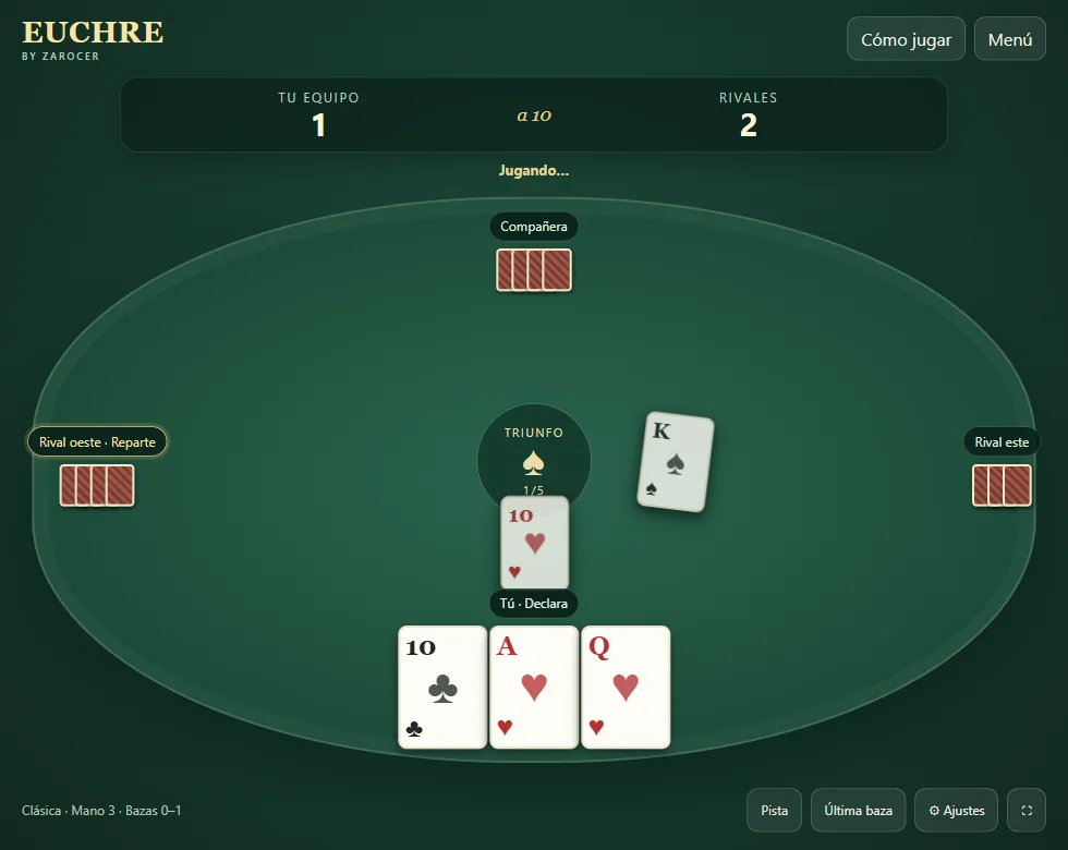 Baza de Euchre con cartas jugadas, triunfo y mano del jugador. Escena 3.
