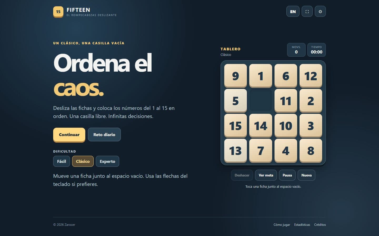 Tablero de Fifteen: juego del 15 listo para jugar.