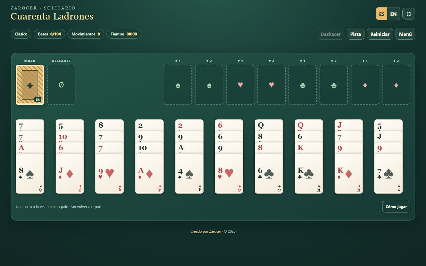Tablero inicial de Solitario Cuarenta Ladrones con las cartas repartidas.