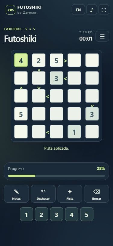 Partida de Futoshiki en una pantalla móvil.