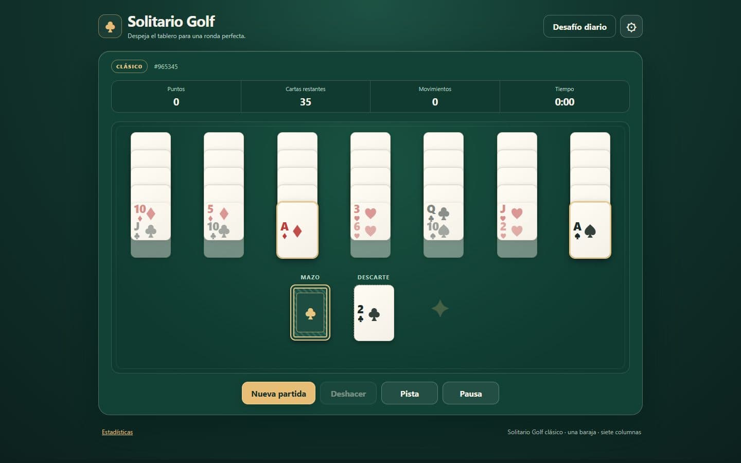 Solitario Golf con siete columnas y carta de descarte