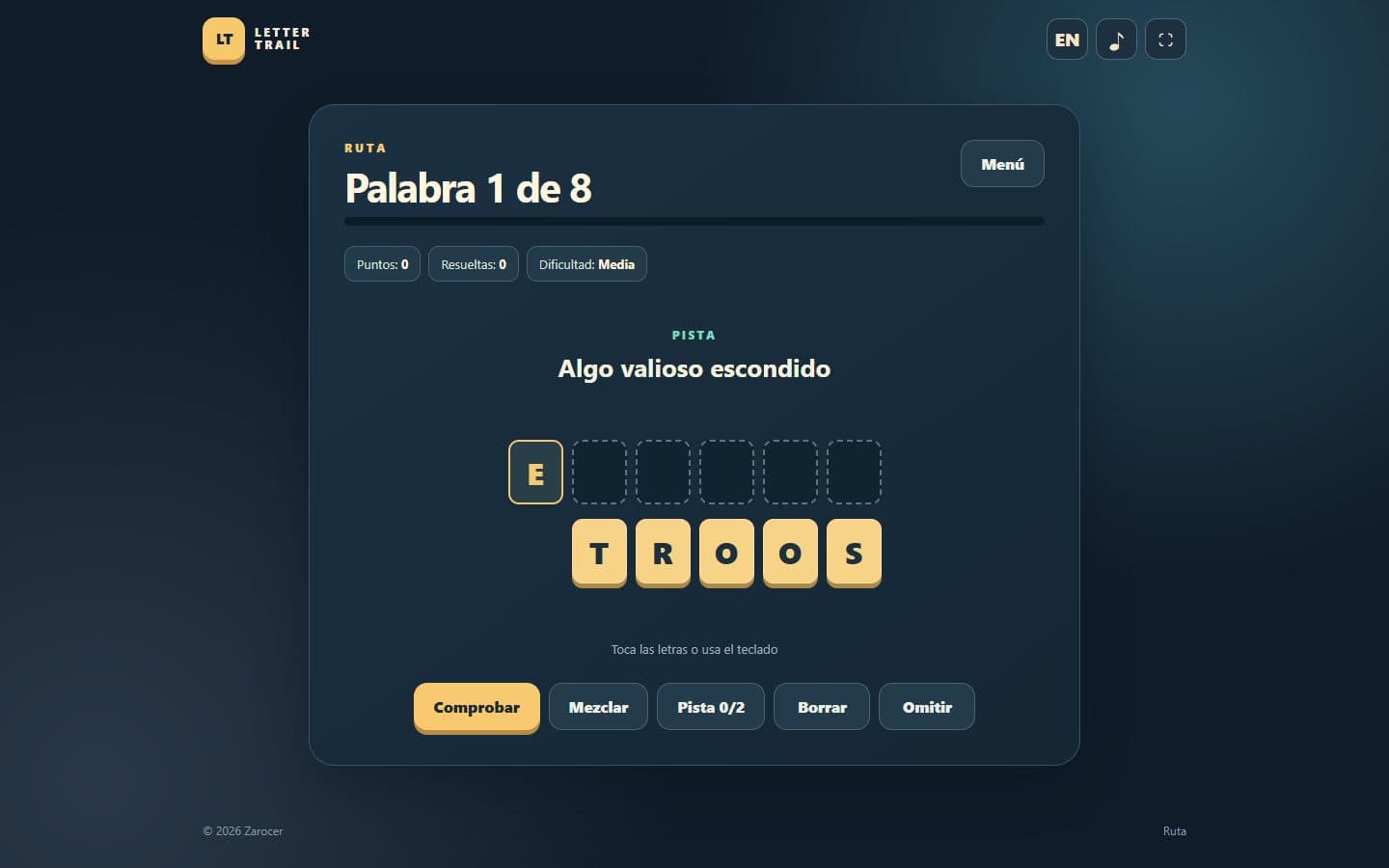 Partida de Letter Trail: palabras desordenadas después de una jugada.