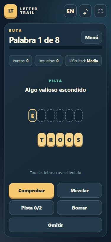 Letter Trail: palabras desordenadas en una pantalla móvil.