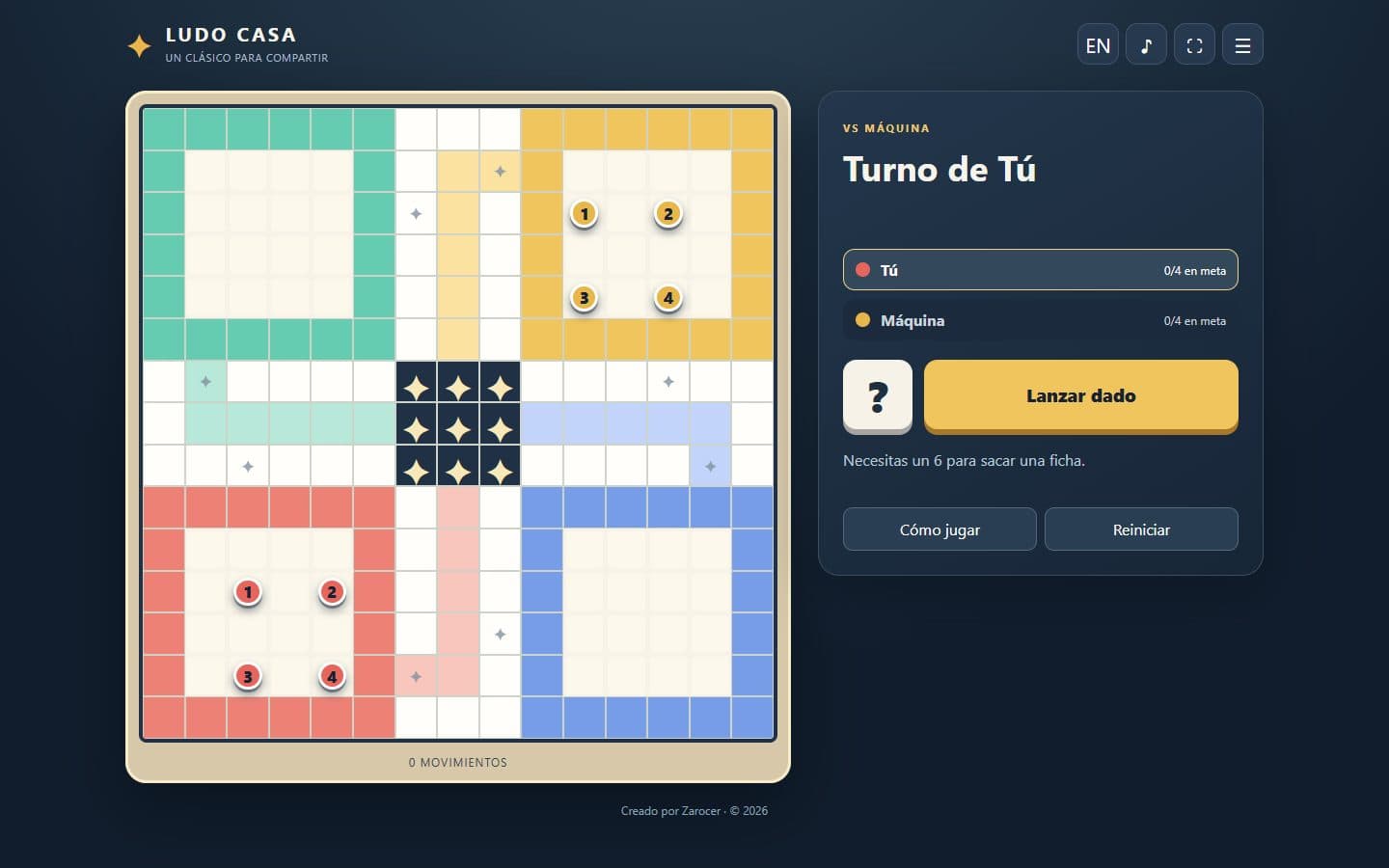 Partida inicial de Ludo Casa en español.