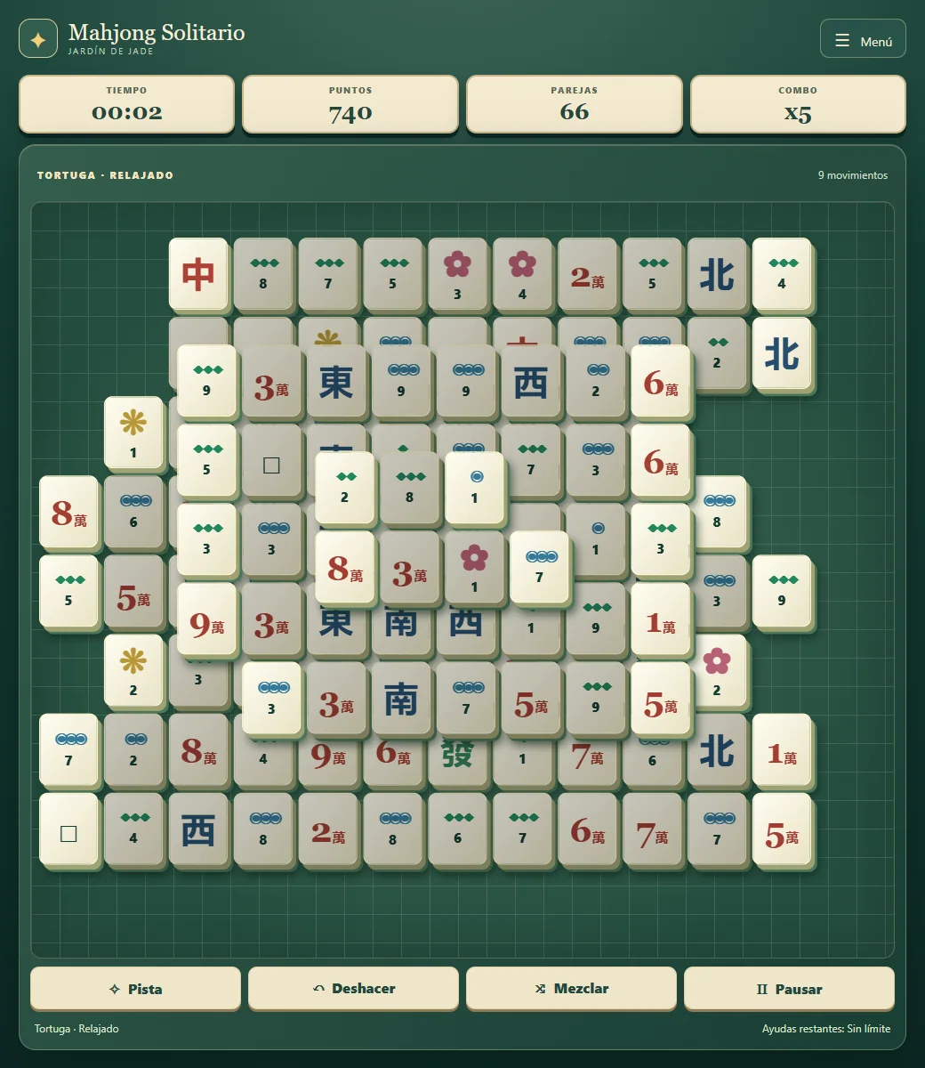 Mahjong con seis parejas retiradas y nuevas fichas libres