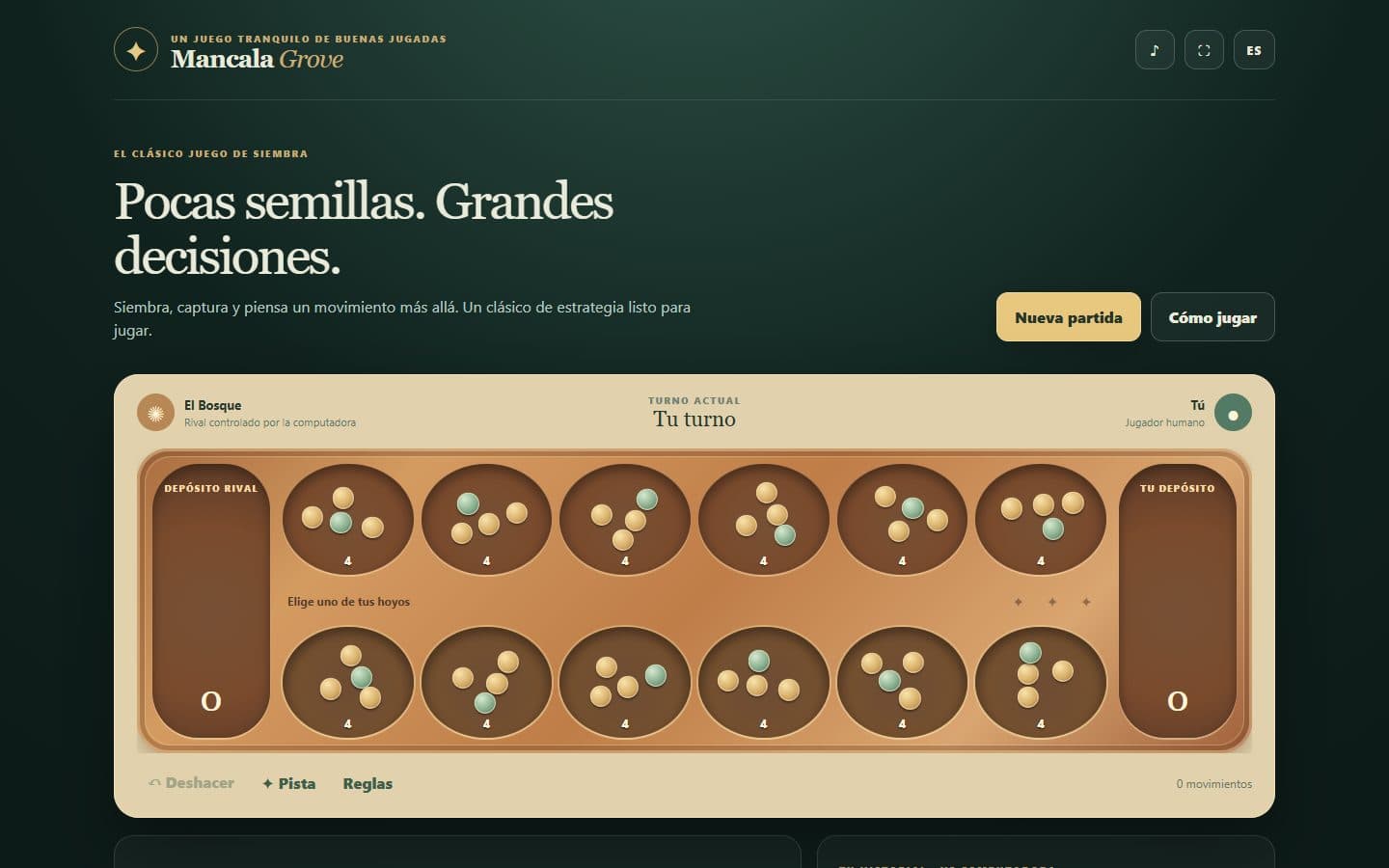 Tablero inicial de Mancala Grove antes de jugar.