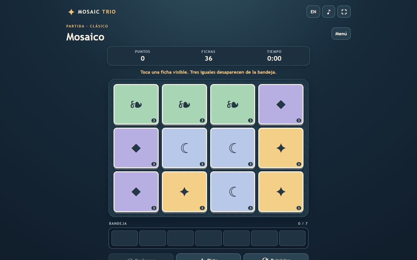 Tablero de Mosaic Trio listo para jugar.