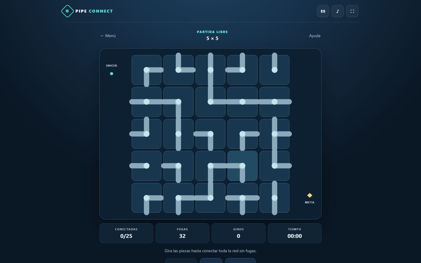 Tablero de Pipe Connect listo para jugar.