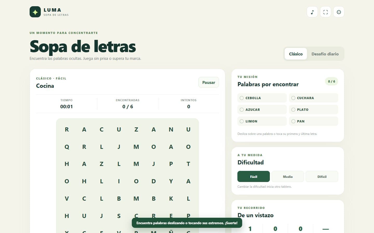 Cuadrícula de Sopa de Letras Luma con palabras por encontrar