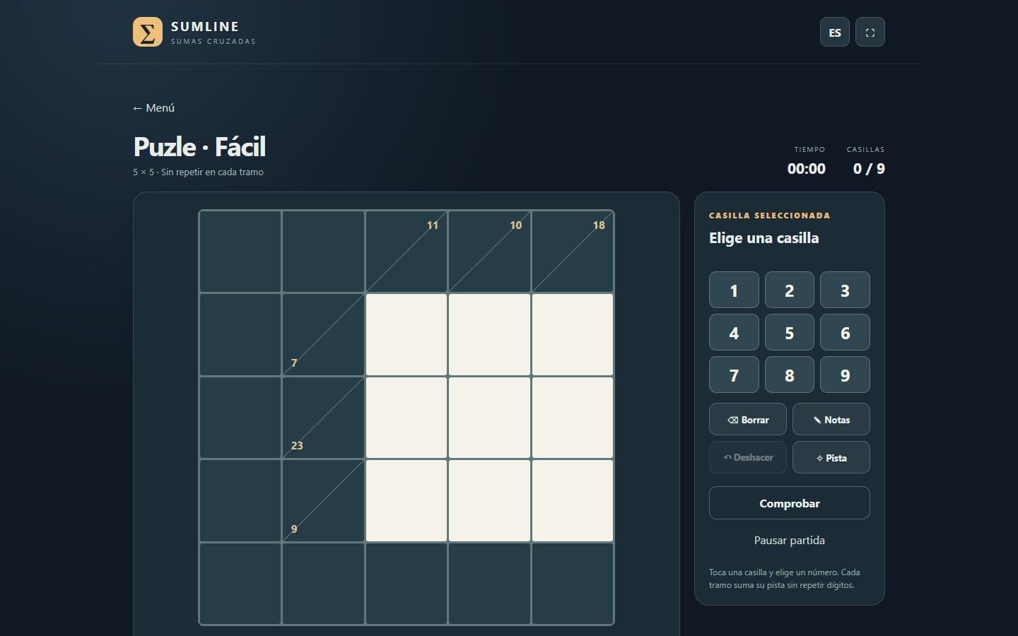 Tablero de Sumline: sumas cruzadas listo para jugar.