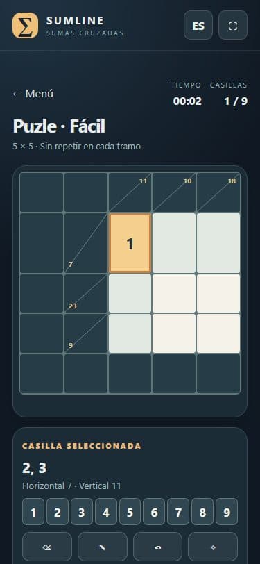 Partida de Sumline: sumas cruzadas en una pantalla móvil.