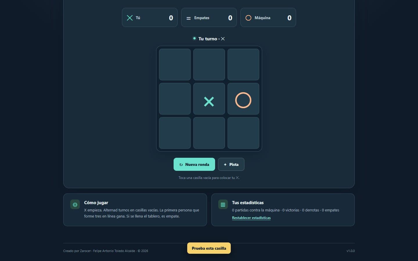 Partida de Tres en Raya después de una jugada.