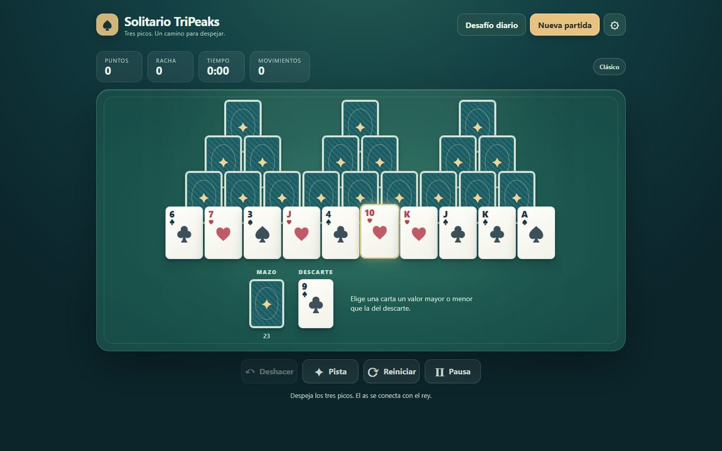 Tres picos de cartas de Solitario TriPeaks