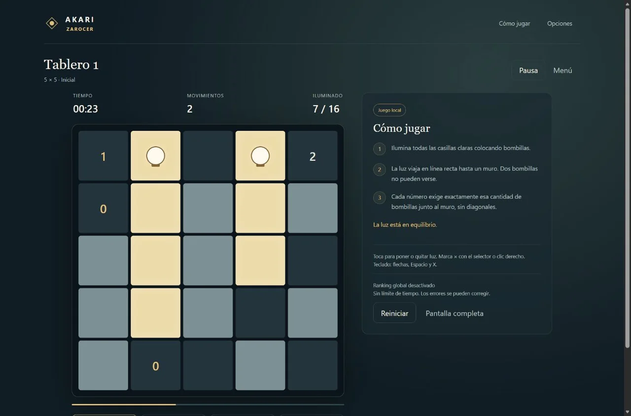 Akari: luces y pistas numeradas durante una partida