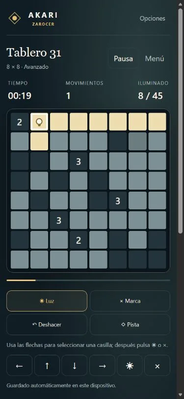 Akari: tablero y controles en móvil