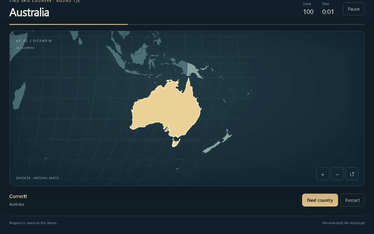 Atlas Sprint: ubica países en el mapa: Australia destacada en el mapa del mundo