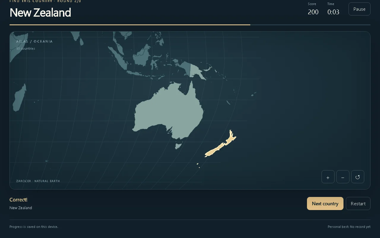 Atlas Sprint: ubica países en el mapa: Nueva Zelanda destacada en el mapa