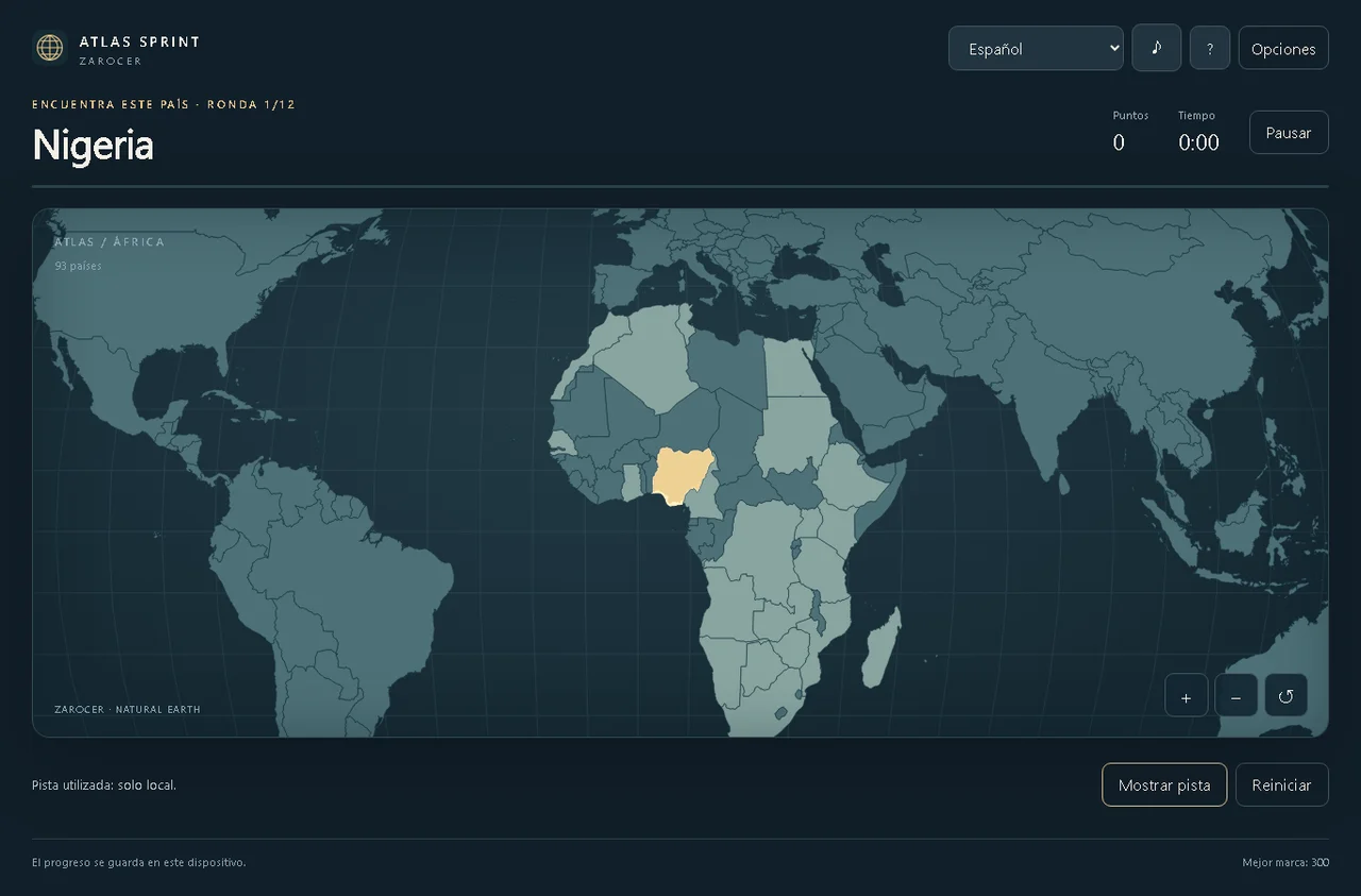 Atlas Sprint: ubica países en el mapa: Nigeria destacada durante la búsqueda de países