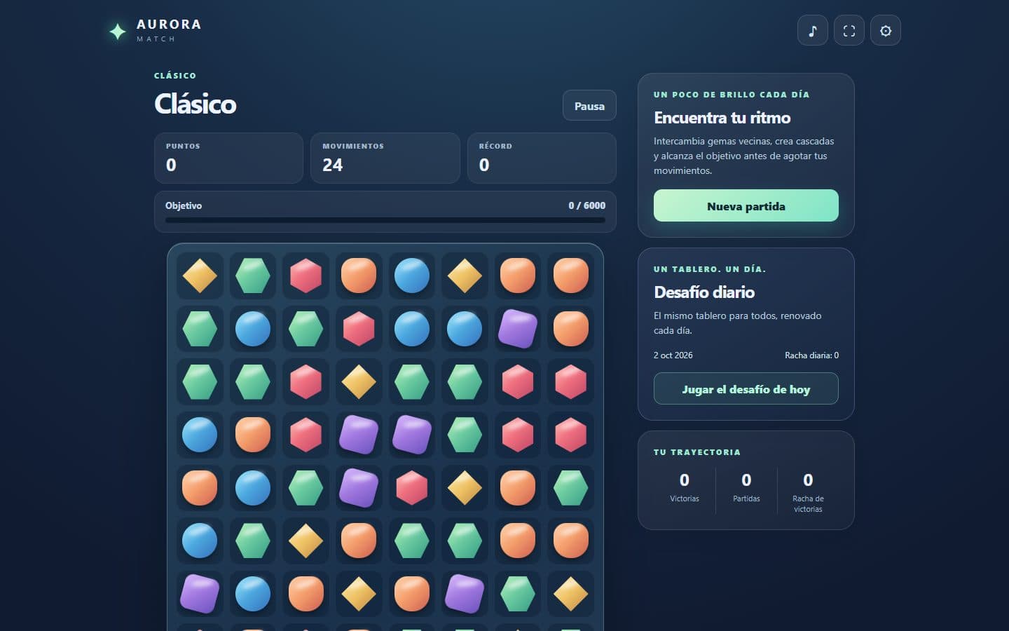 Tablero de fichas de Aurora Match