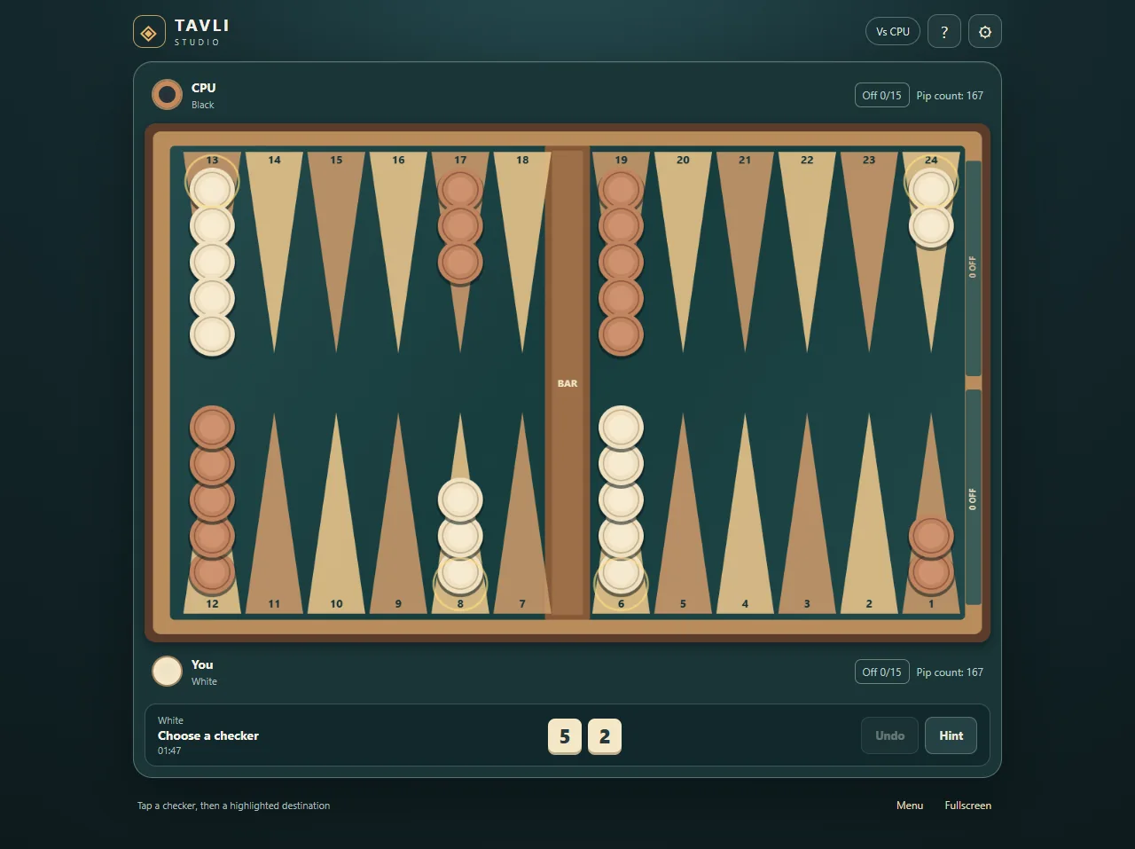 Partida de Backgammon en inglés mostrando el tablero clásico.