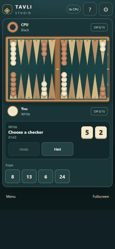 Vista móvil de Backgammon con botones de origen y destino.