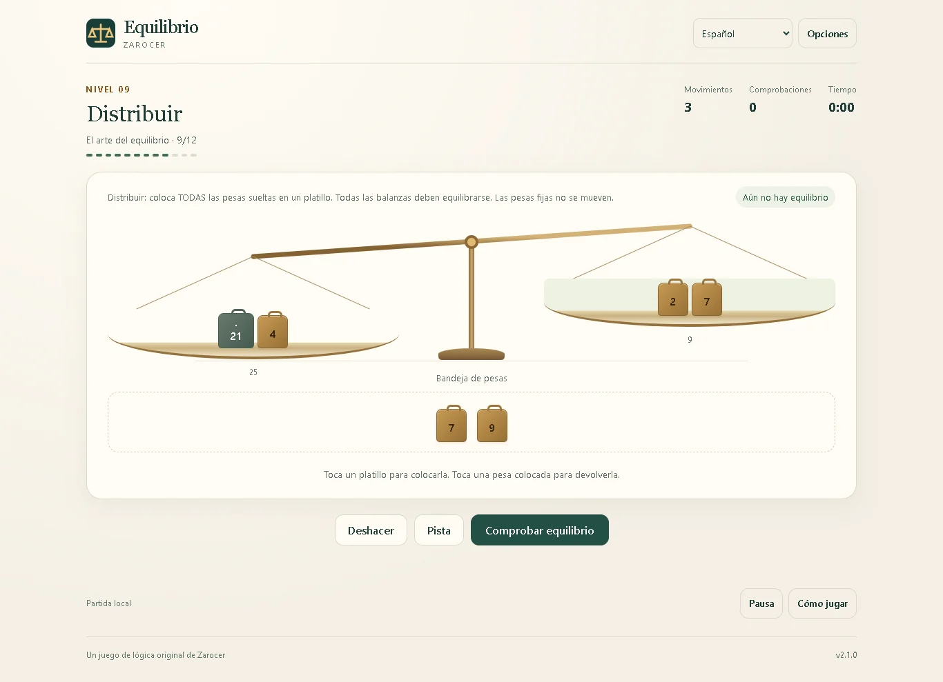 Equilibrio: Puzzle de distribución de pesas en una balanza