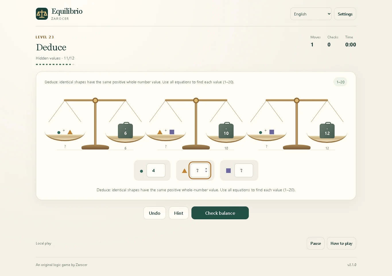 Equilibrio: Puzzle de deducción con valores ocultos