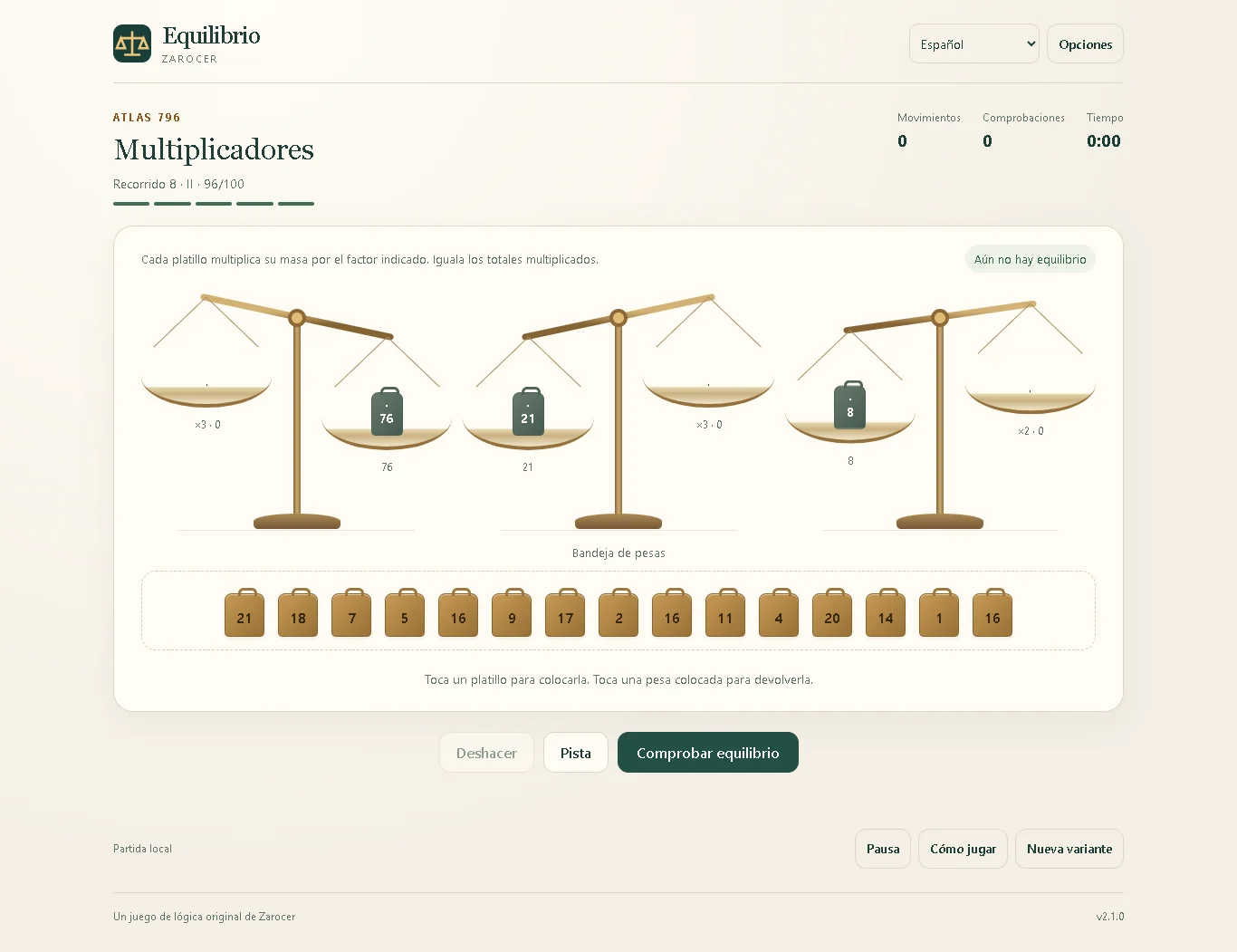 Equilibrio: Puzzle con multiplicadores y varias balanzas