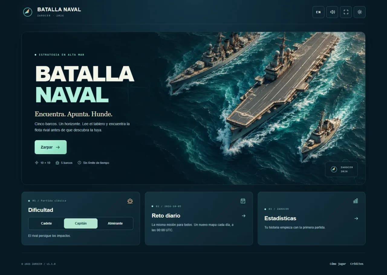 Menú en español de Batalla Naval con selección de dificultad y acceso al reto diario.
