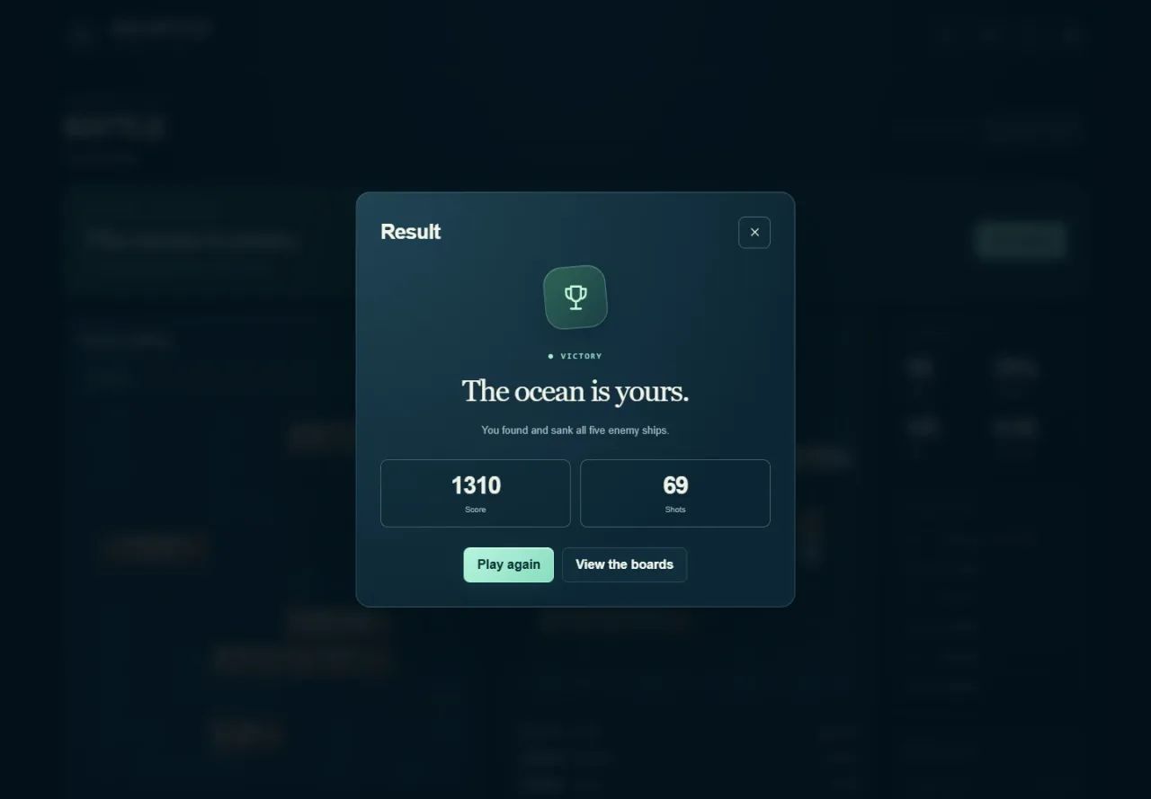 Resultado de una partida de Sea Battle con puntuación y opción de volver a jugar.